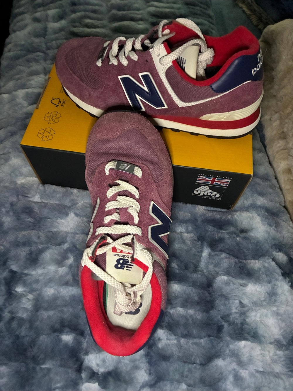New Balance 574 Women’s Burgundy Suede Sneakers with Navy & Red Accents